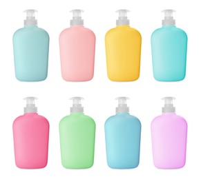 Image of Set with multicolored bottles of liquid soap on white background