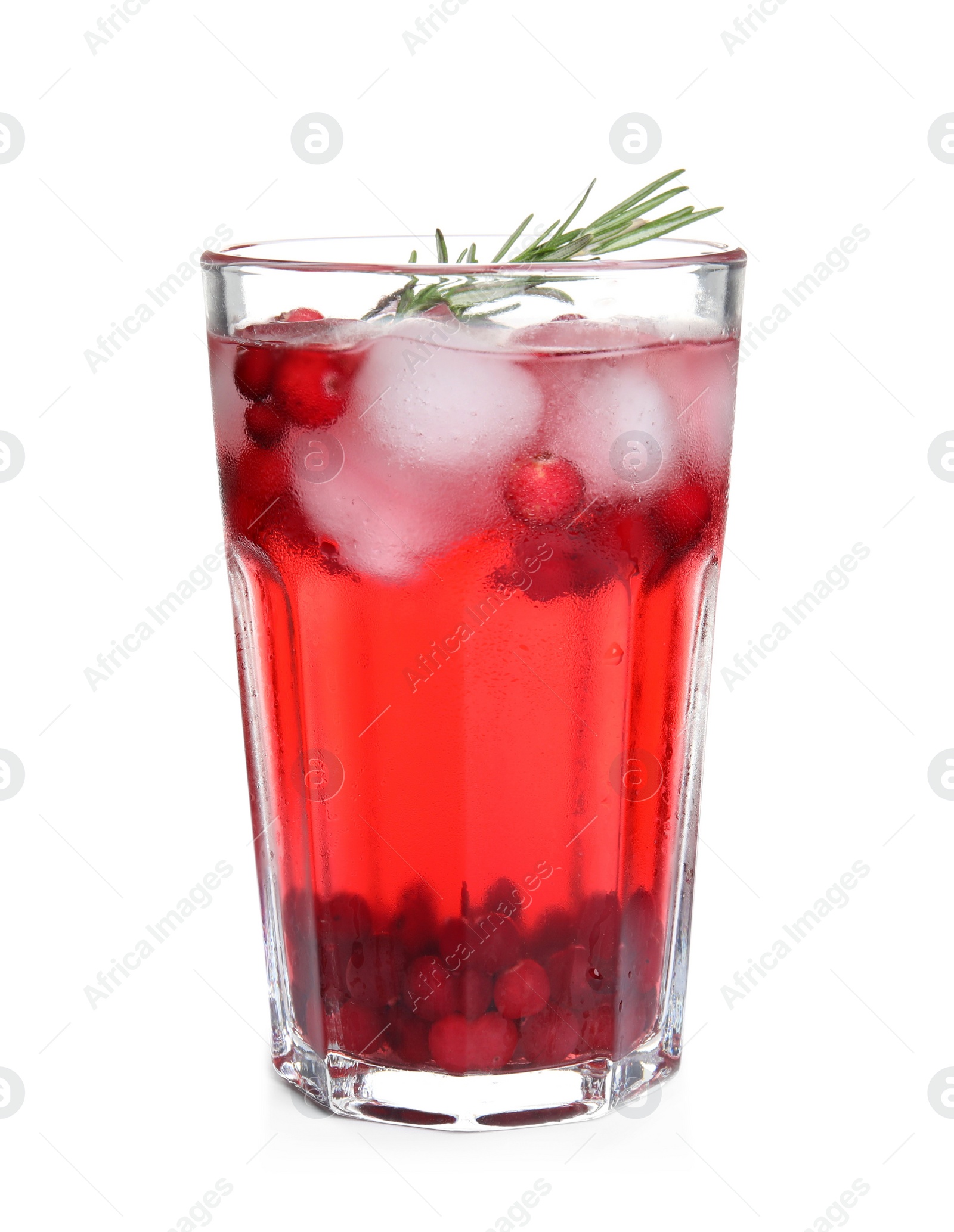 Photo of Tasty refreshing cranberry cocktail with rosemary isolated on white