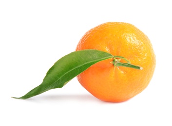 Photo of Tasty ripe tangerine with leaf on white background