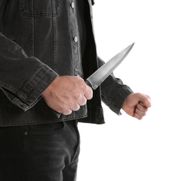 Photo of Man with knife on white background, closeup. Dangerous criminal
