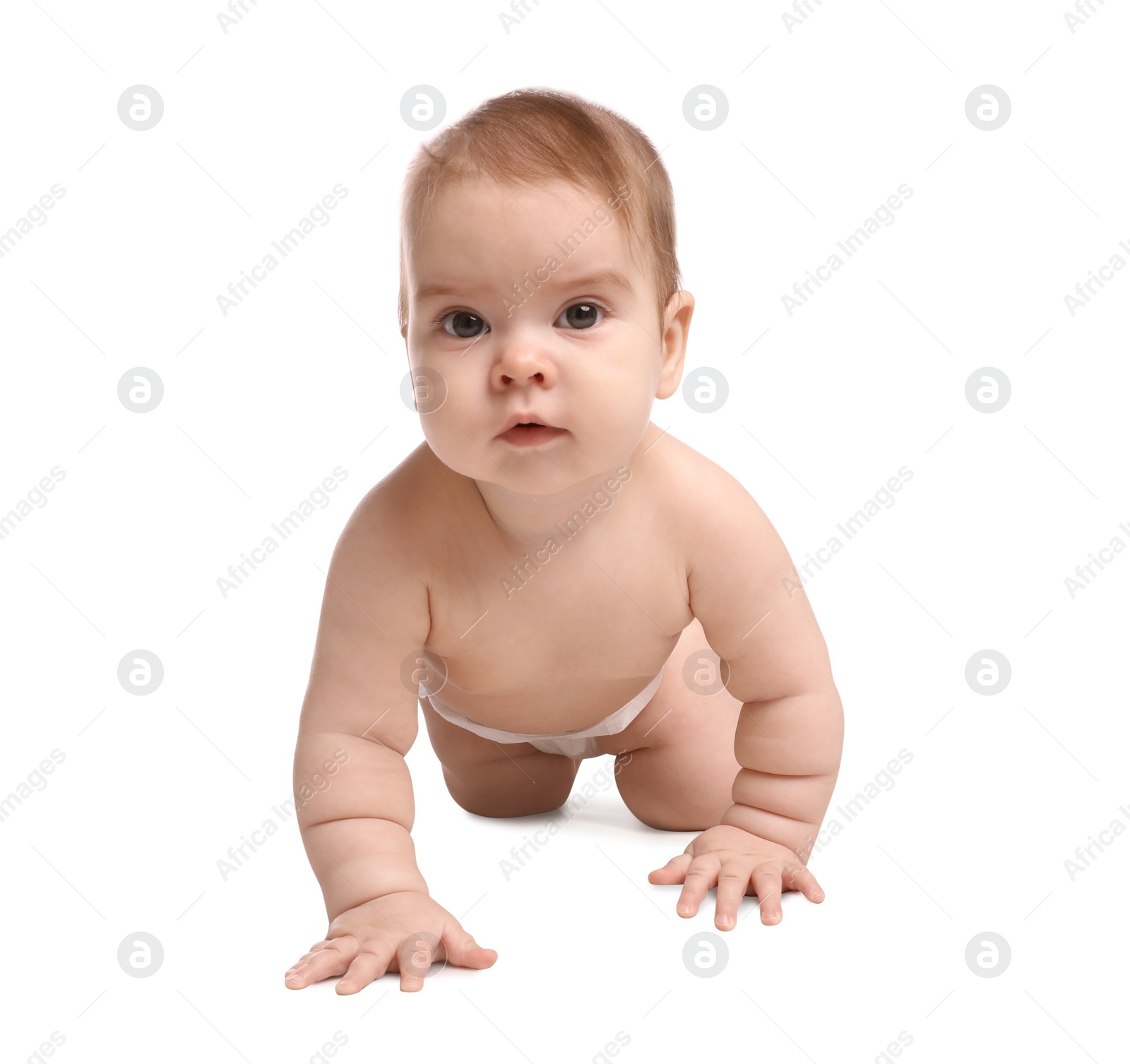 Photo of Cute little baby in diaper crawling on white background