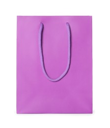 Photo of One violet shopping bag isolated on white