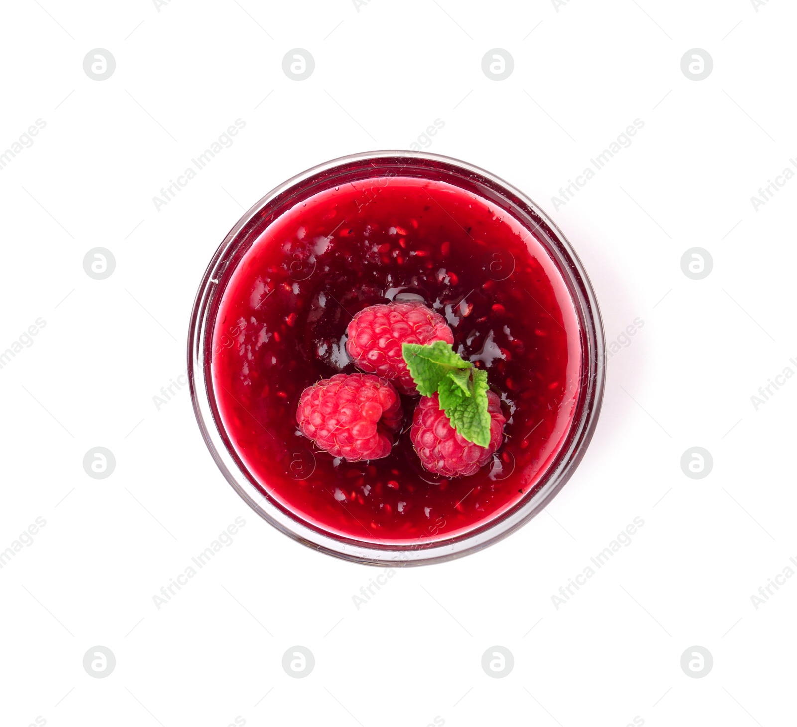 Photo of Bowl with delicious raspberry jam on white background