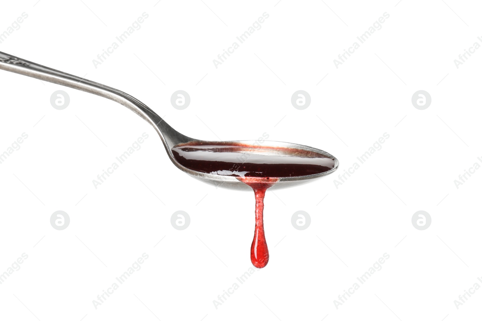 Photo of Spoon with tasty sweet jam isolated on white