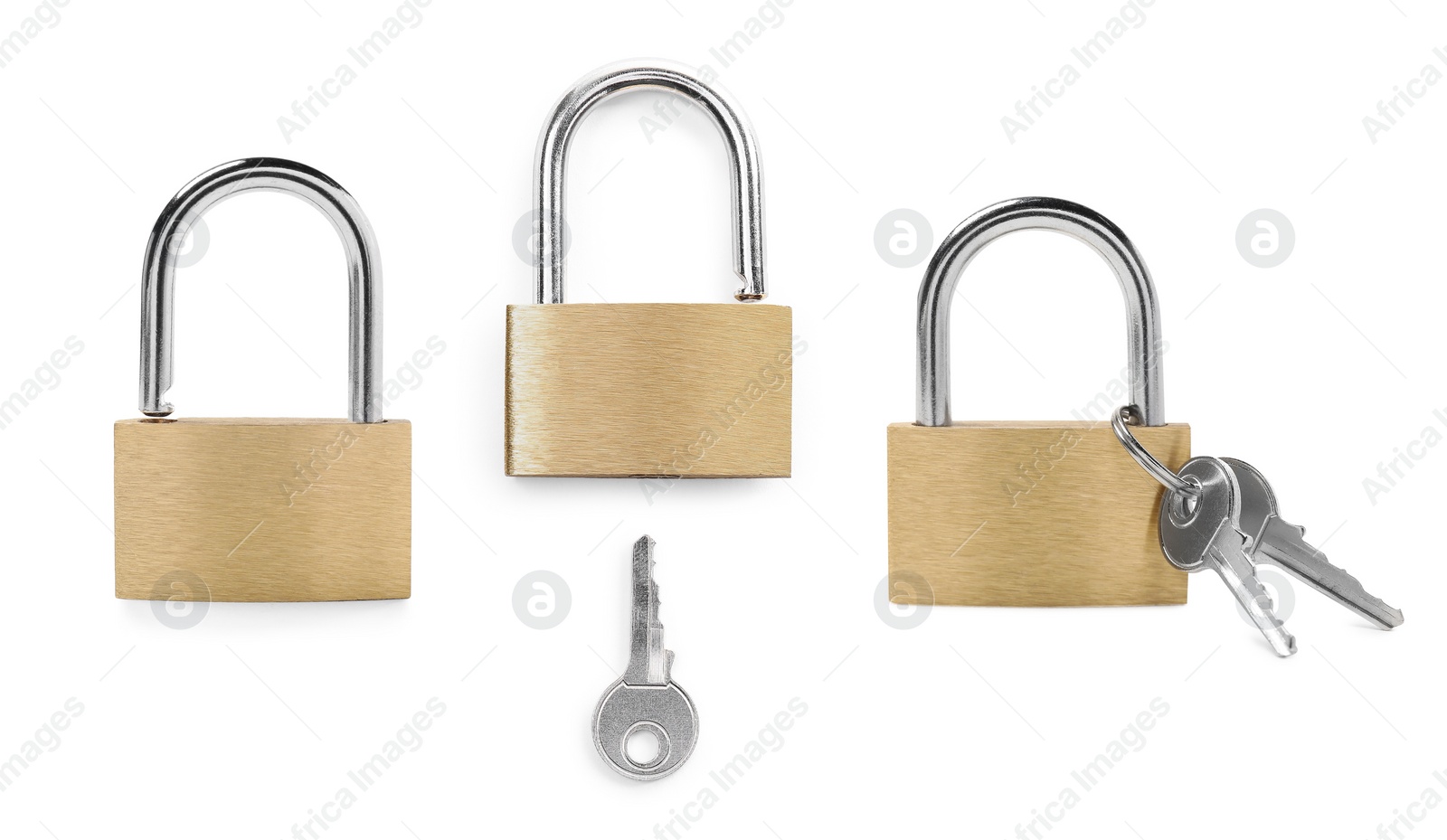 Image of New steel padlock isolated on white, set