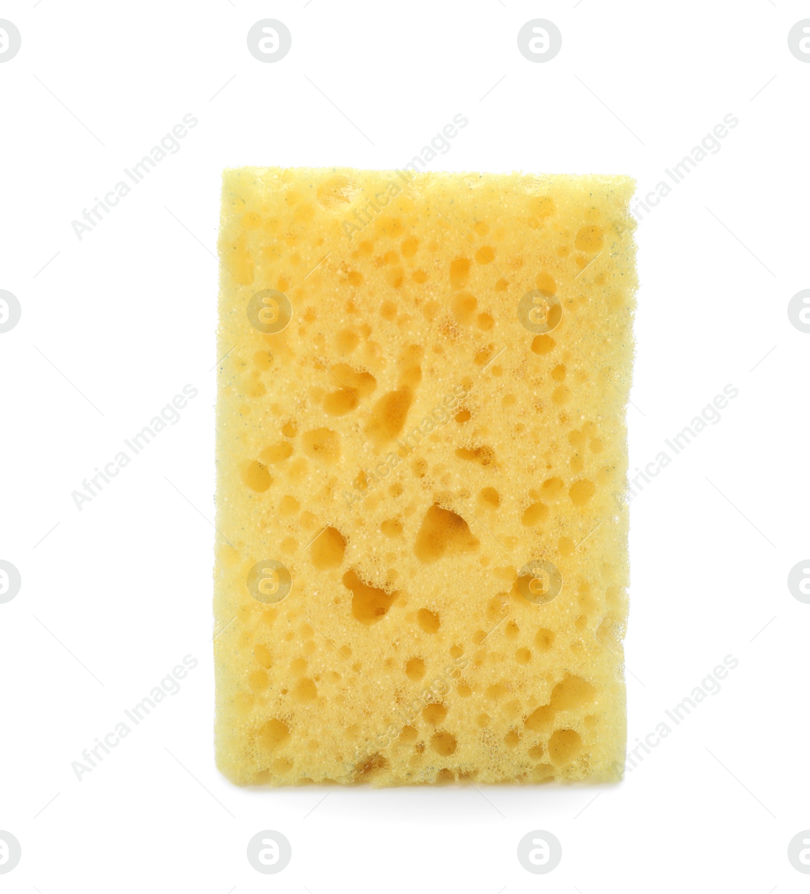 Photo of Yellow washing sponge isolated on white. Cleaning supplies