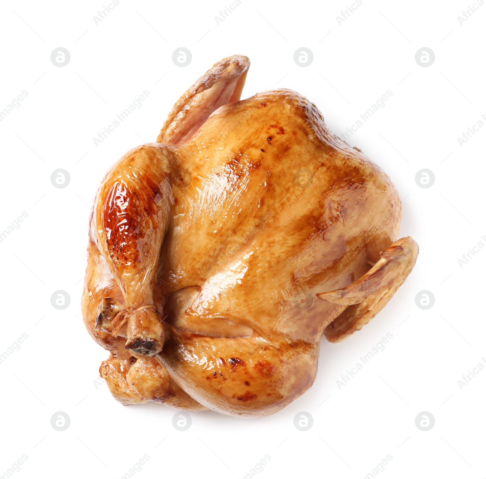 Photo of Tasty roasted chicken isolated on white, top view