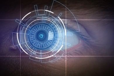 Image of Facial and iris recognition. Man with digital biometric scan, closeup
