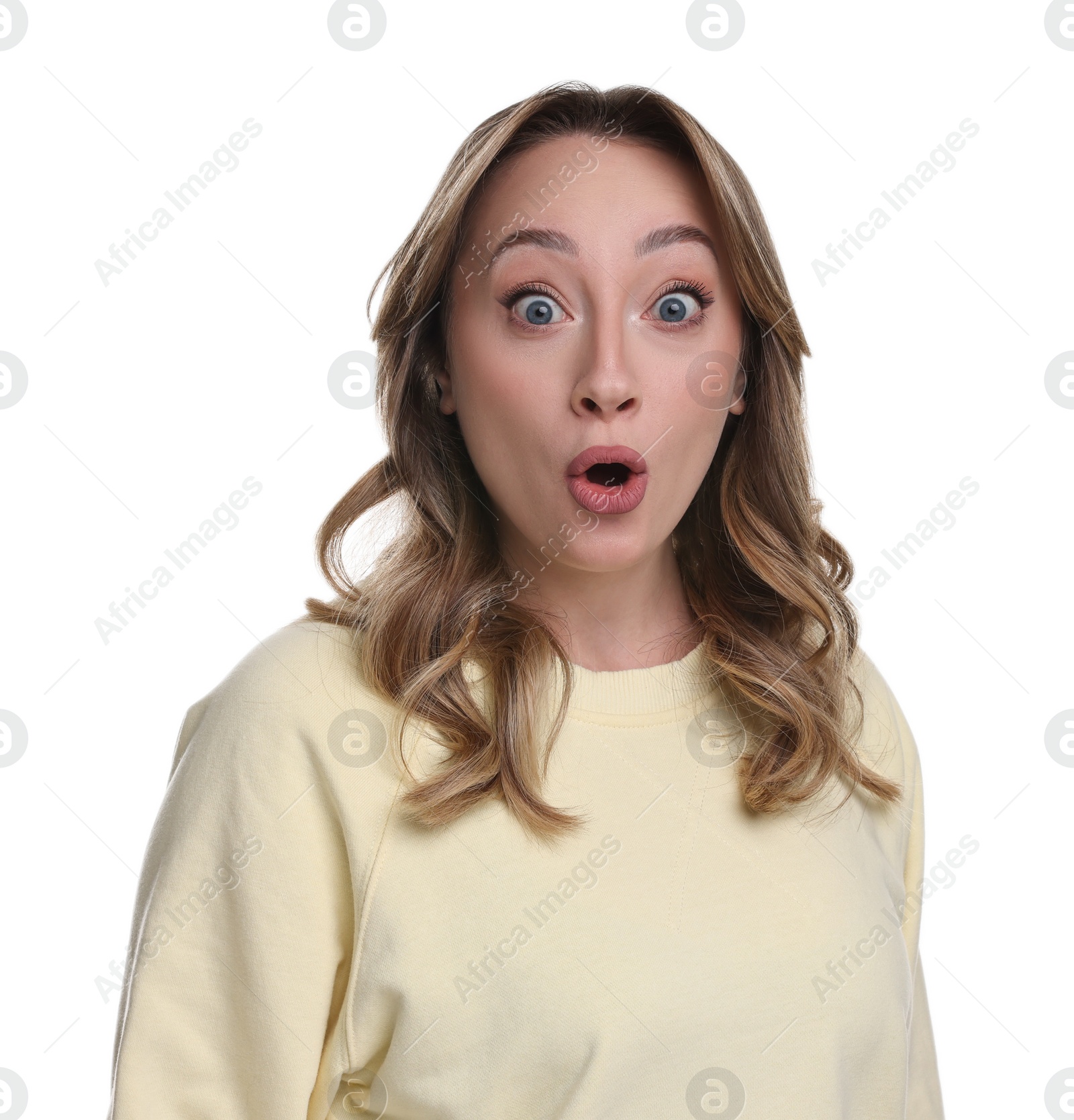Photo of Portrait of surprised woman on white background
