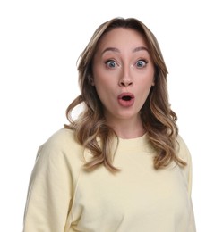 Portrait of surprised woman on white background