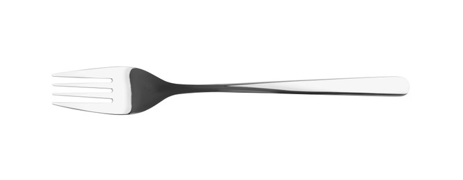 One shiny silver fork isolated on white, top view