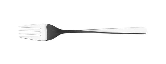 Photo of One shiny silver fork isolated on white, top view