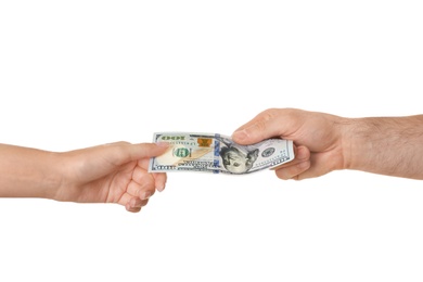 Photo of Man and woman holding dollar bill on white background, closeup