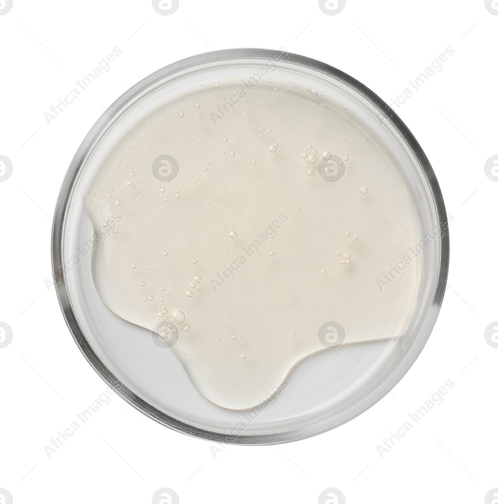 Photo of Petri dish with liquid sample on white background, top view