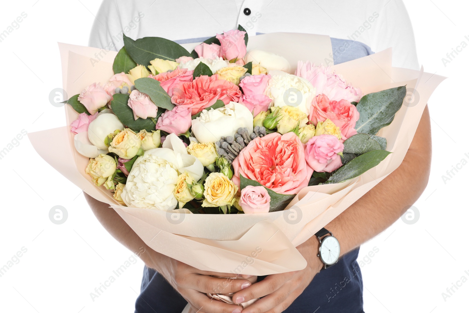 Photo of Young man with beautiful flower bouquet on white background, closeup view