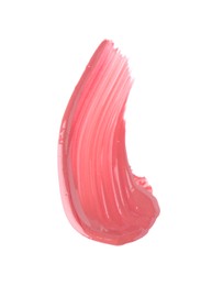 Photo of Stroke of pink lip gloss isolated on white, top view