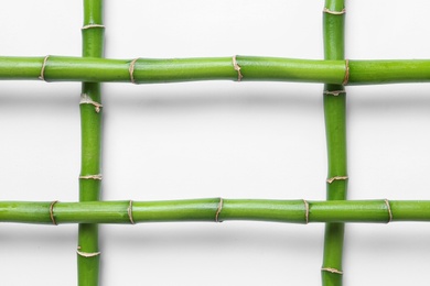 Photo of Frame made of green bamboo stems on white background. Space for text