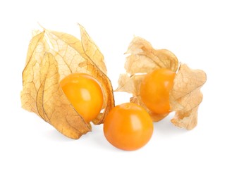 Ripe physalis fruits with dry husk on white background