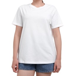 Photo of Woman in stylish t-shirt on white background, closeup