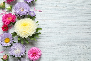 Photo of Flat lay composition with beautiful aster flowers on white wooden table. Space for text