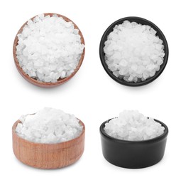 Image of Sea salt in bowls isolated on white, top and views