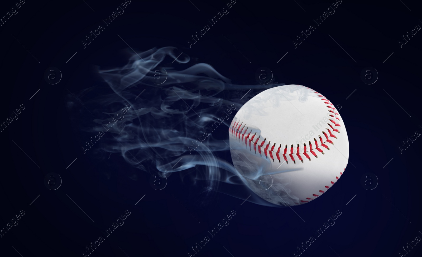 Image of Baseball ball flying leaving smoke after on black background