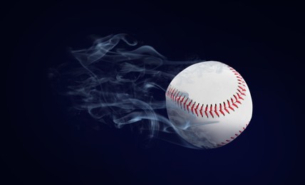 Image of Baseball ball flying leaving smoke after on black background