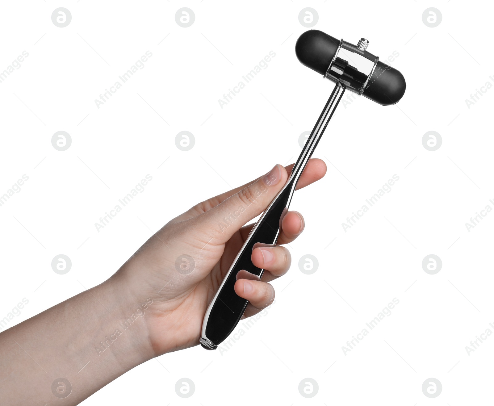 Photo of Woman with reflex hammer on white background, closeup. Nervous system diagnostic