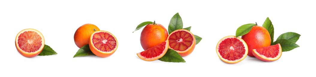 Image of Set with ripe red oranges on white background. Banner design