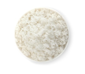 Photo of Bowl of boiled rice on white background, top view