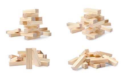 Image of Wooden blocks for Jenga tower on white background