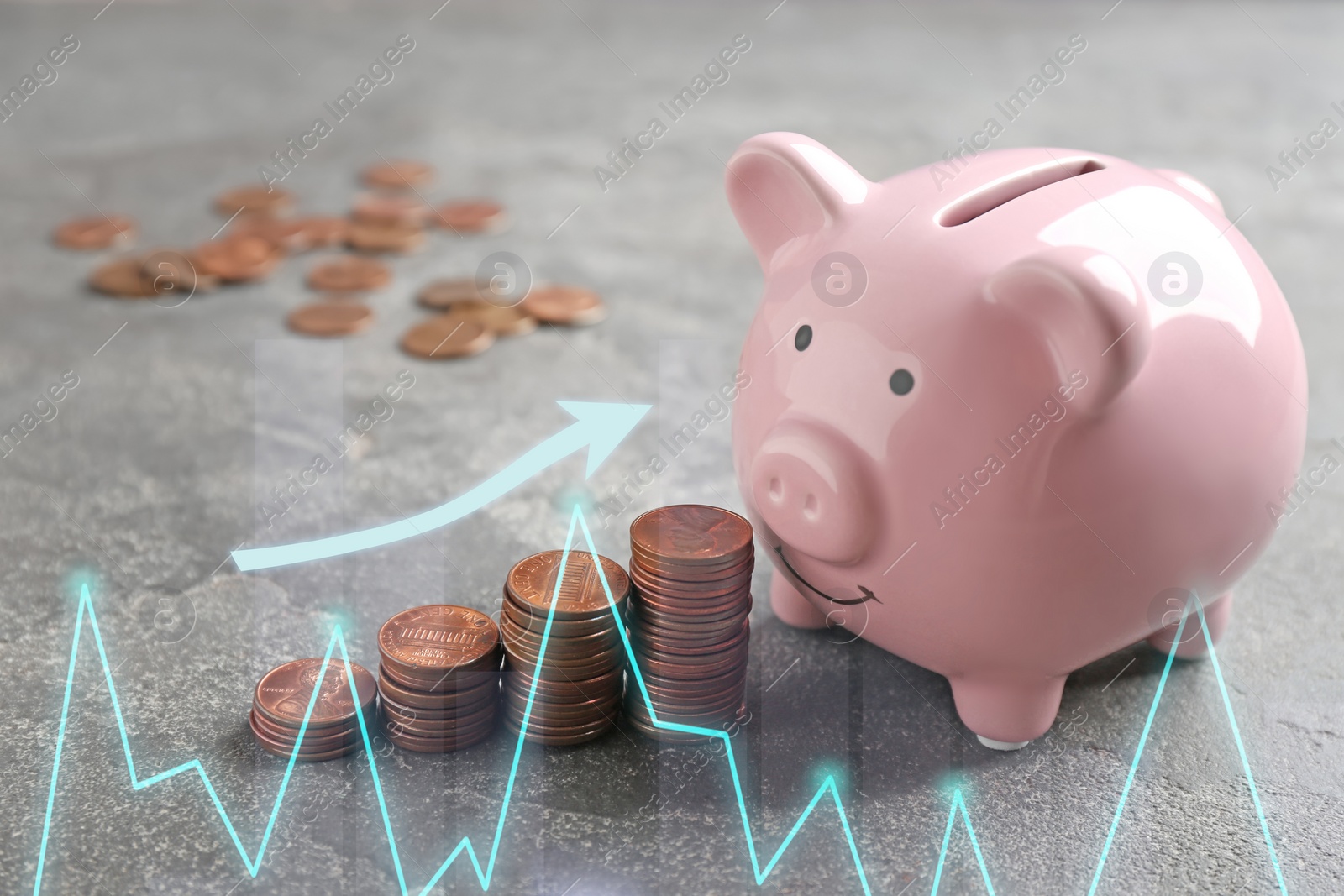 Image of Piggy bank and coins on grey table. Illustration of financial graph