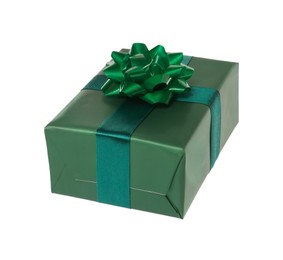 Photo of Beautifully wrapped gift box with green bow isolated on white