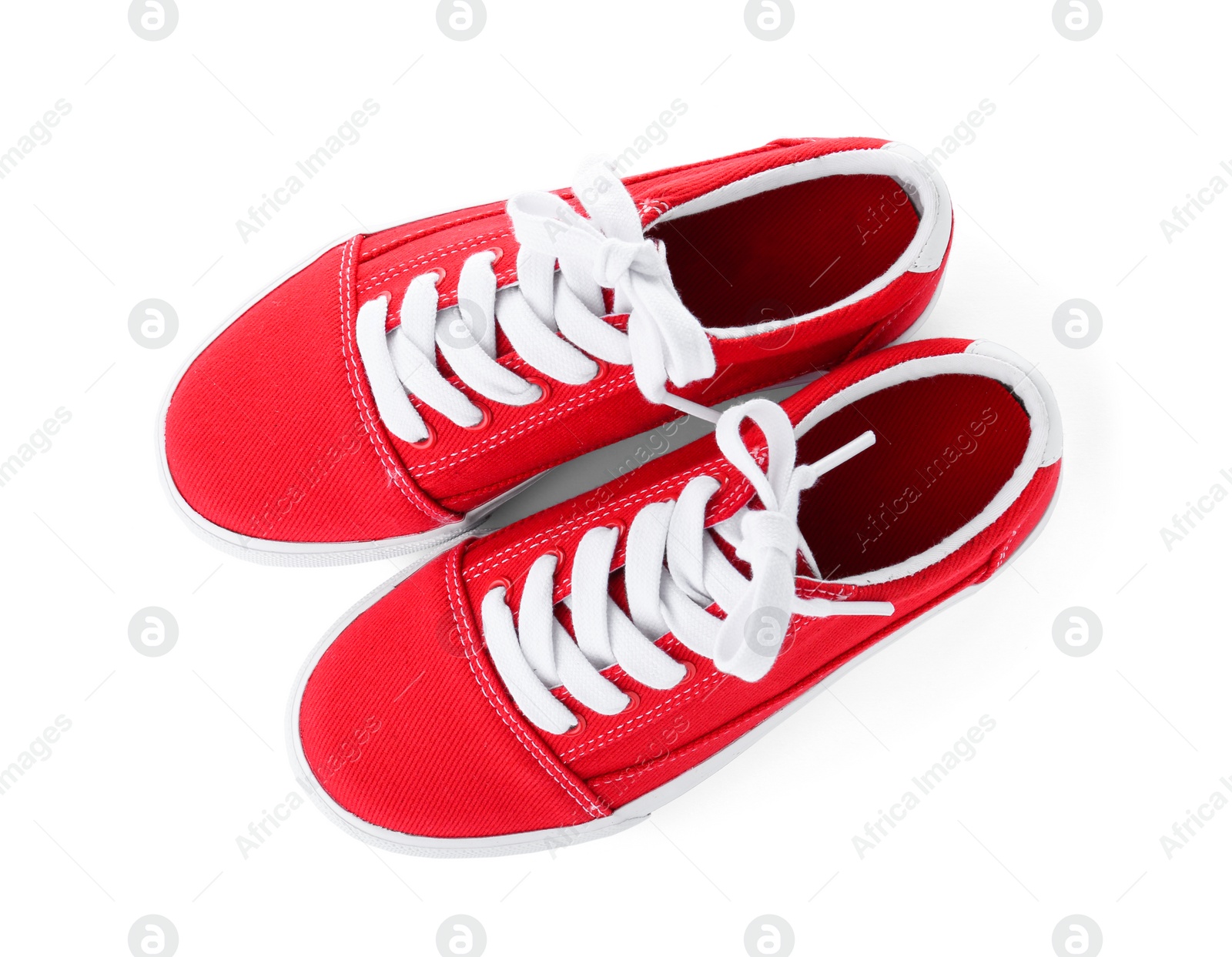 Photo of Pair of stylish new shoes on white background, top view