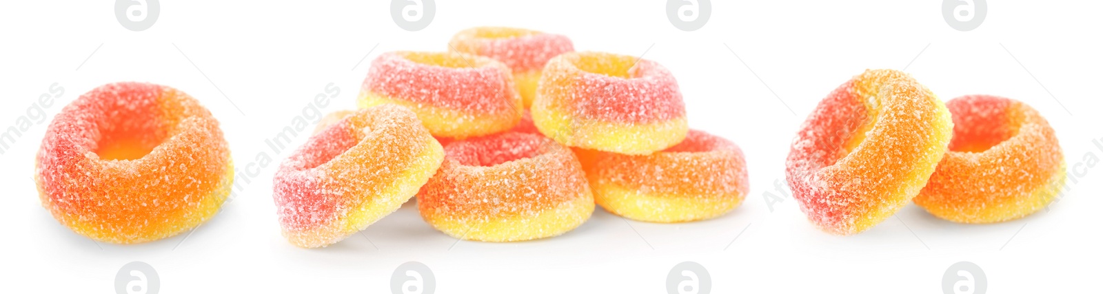 Image of Set of different jelly candies on white background. Banner design