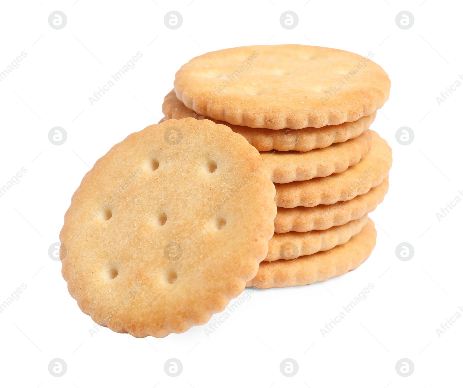 Photo of Tasty crispy round crackers isolated on white