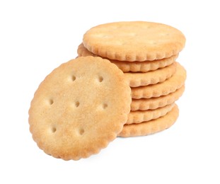 Photo of Tasty crispy round crackers isolated on white