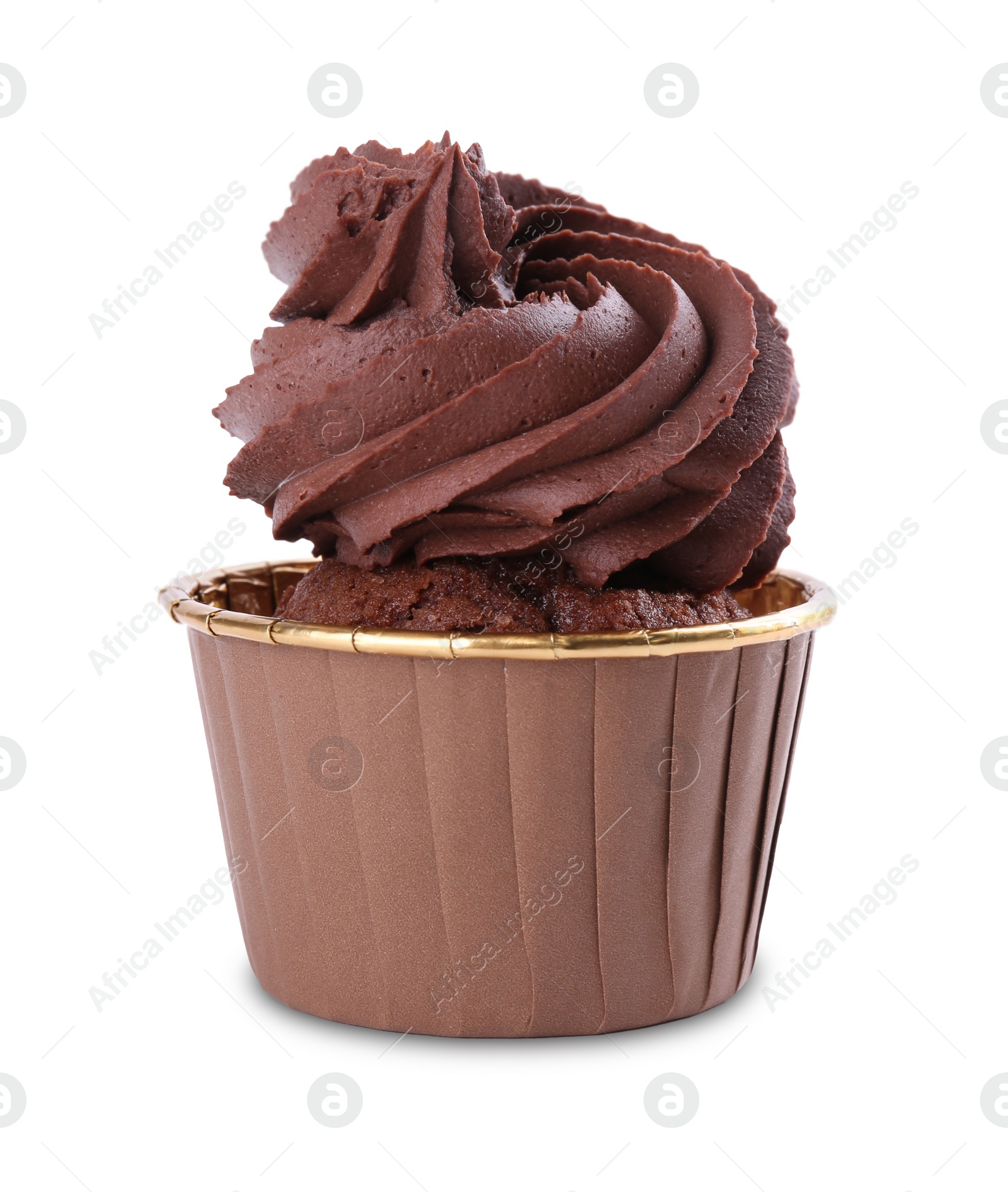 Photo of One delicious chocolate cupcake isolated on white