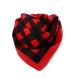 Photo of Tied red bandana with check pattern isolated on white