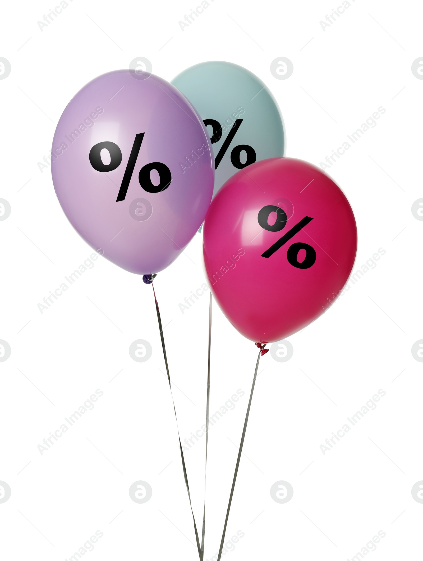 Image of Discount offer. Bright balloons with percent sign on white background