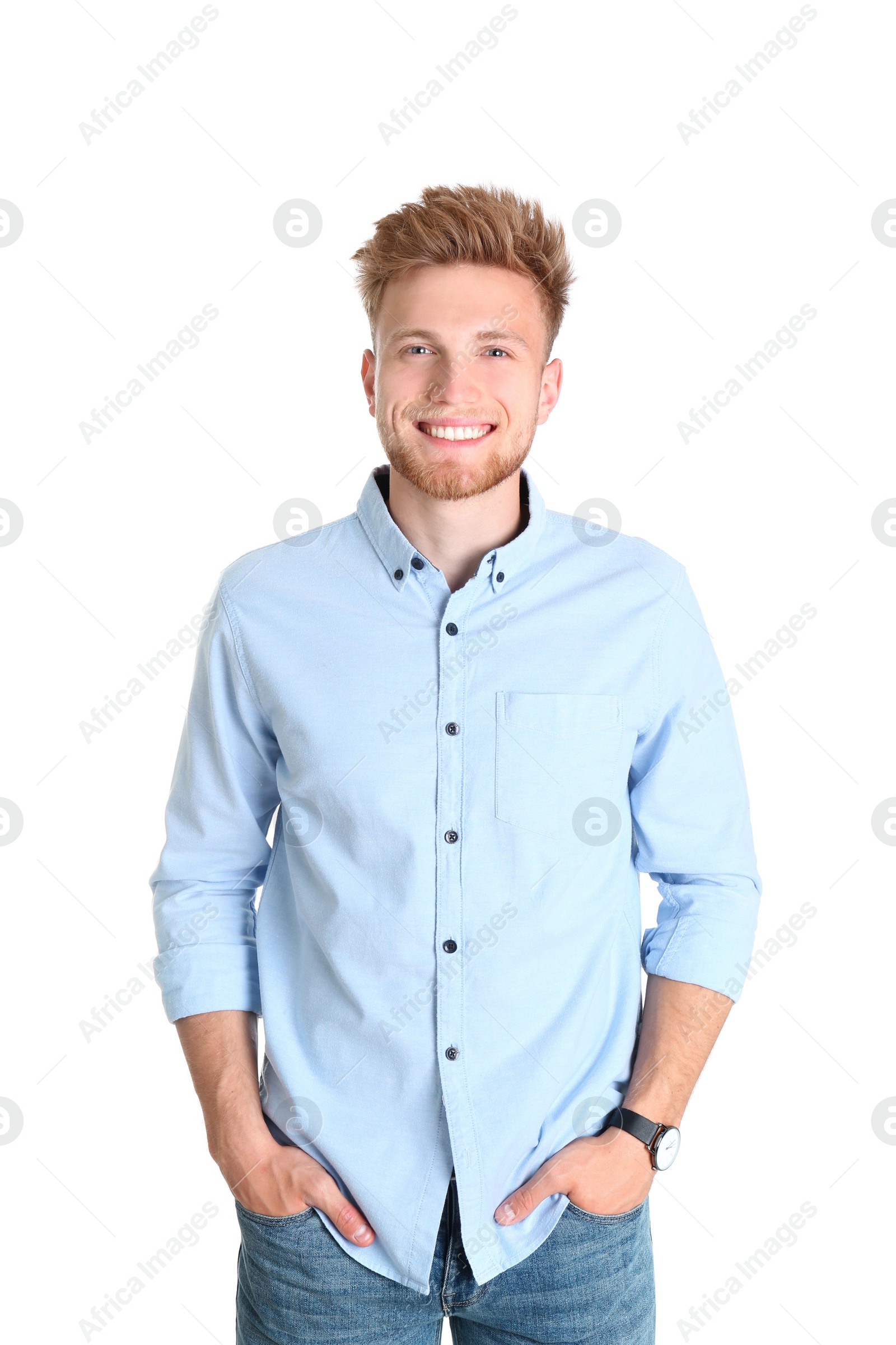 Photo of Portrait of handsome young man on white background