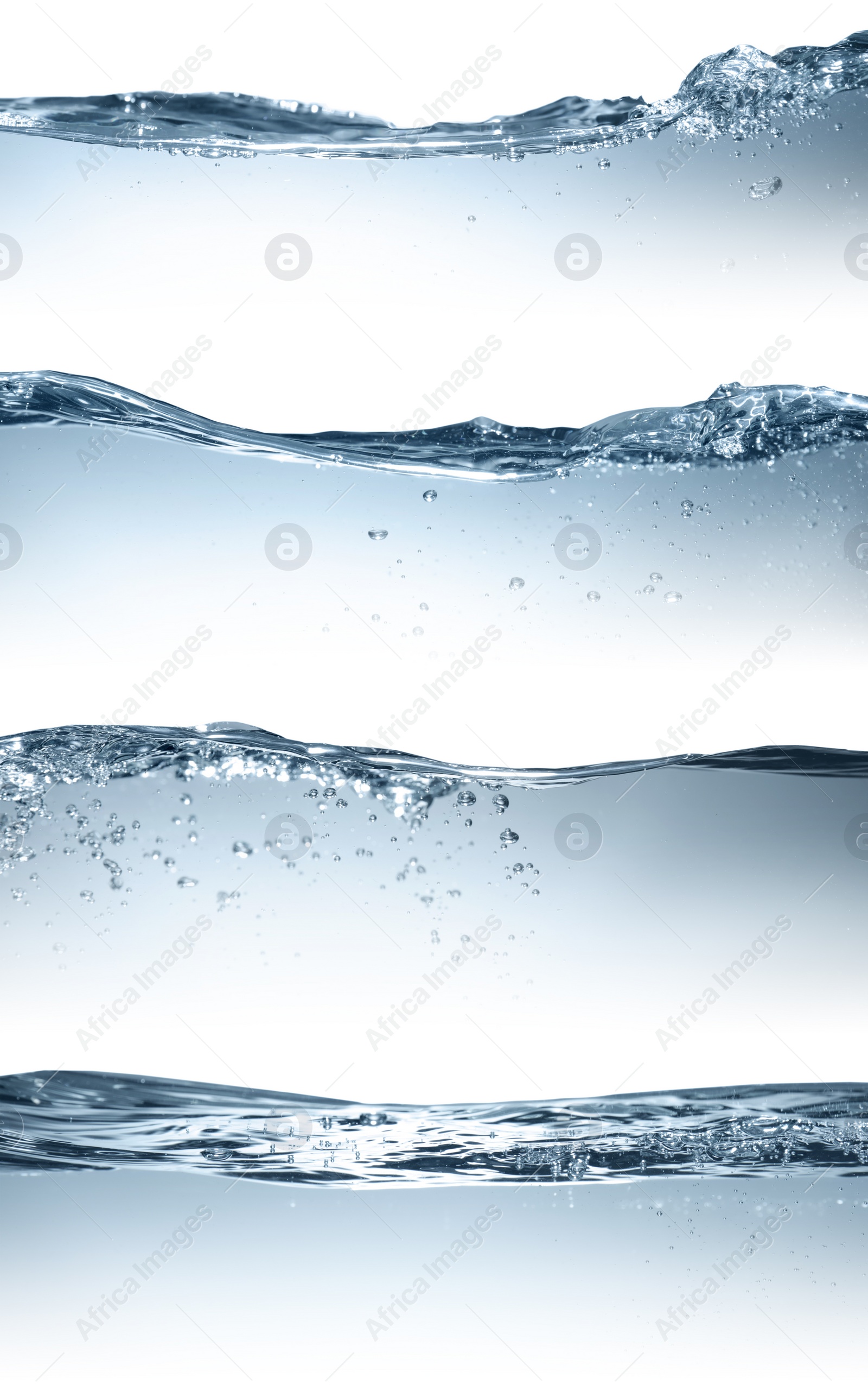 Image of Collage with different beautiful water waves on white background