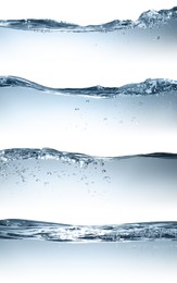 Image of Collage with different beautiful water waves on white background