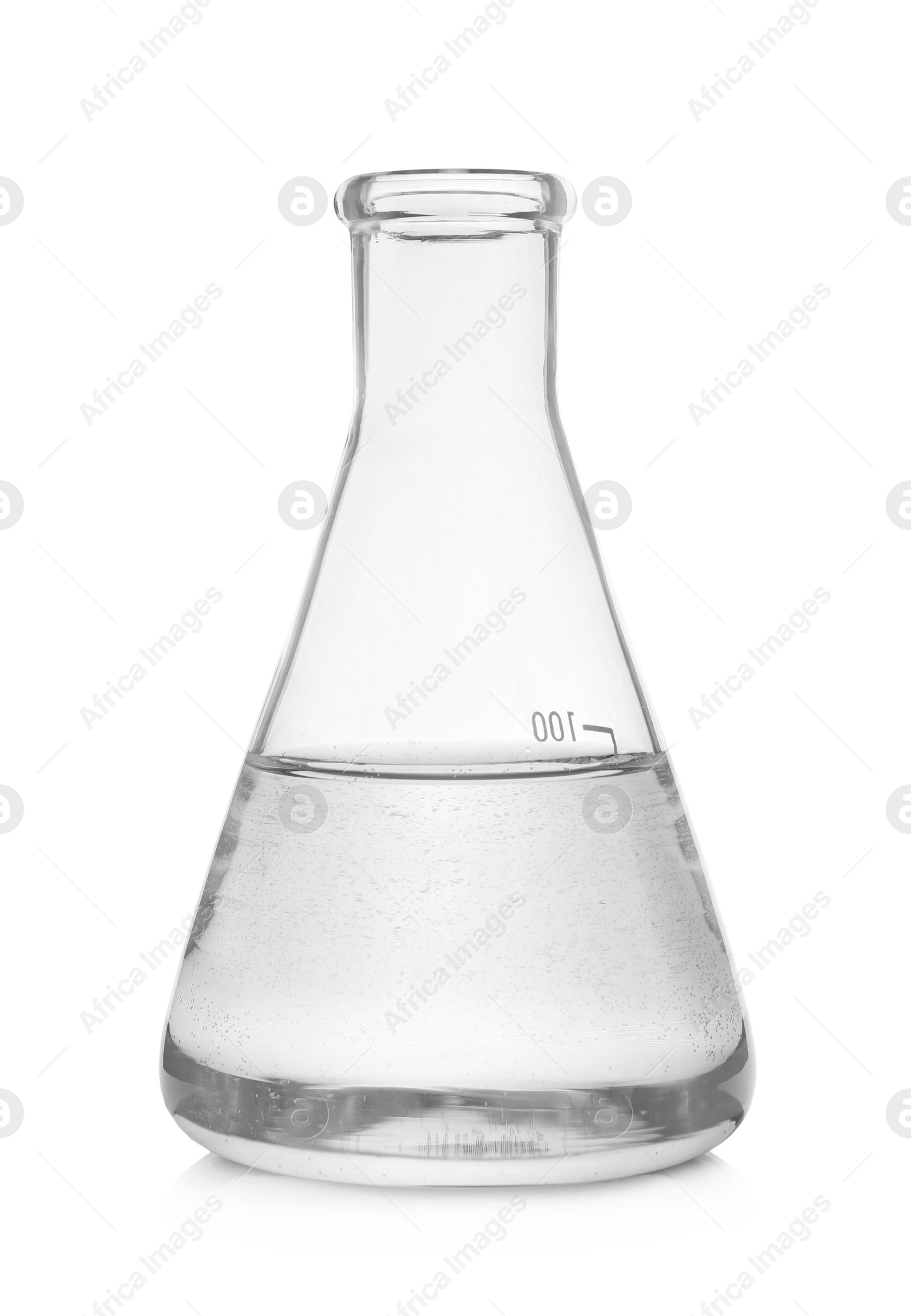 Photo of Flask with transparent liquid isolated on white