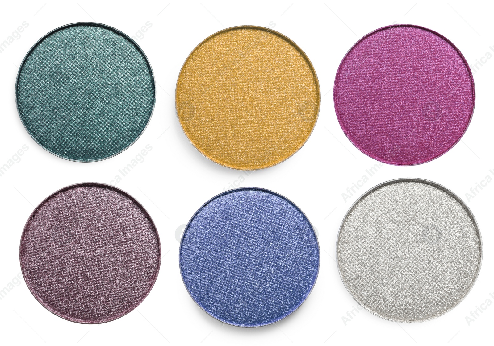 Image of Collage of beautiful different eye shadow refill pans on white background