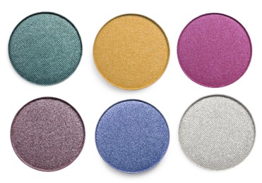 Image of Collage of beautiful different eye shadow refill pans on white background