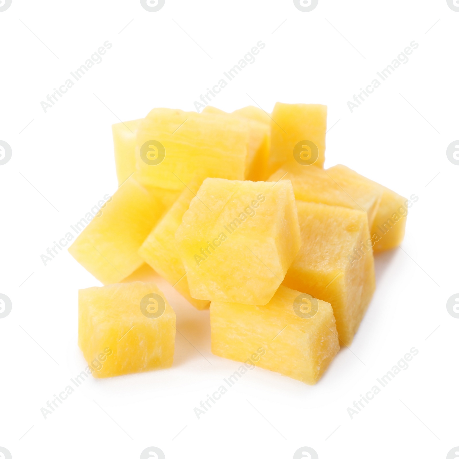 Photo of Raw yellow carrot cubes isolated on white