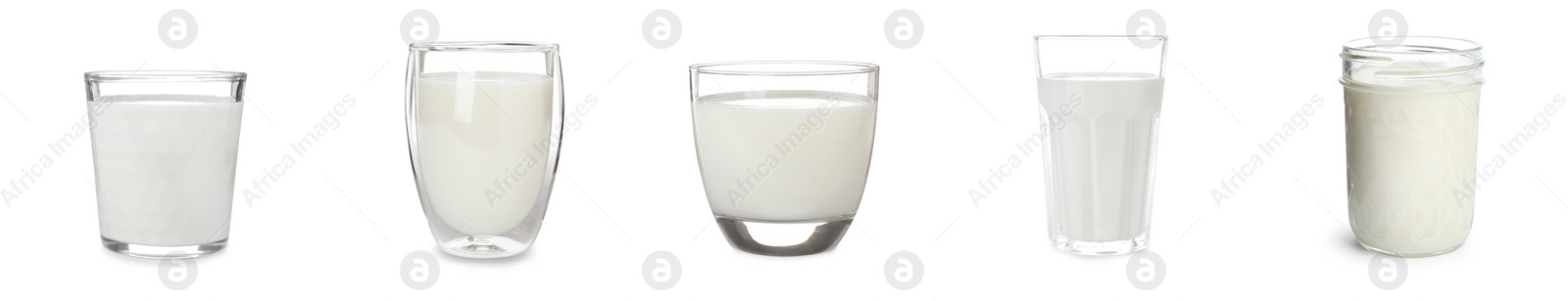 Image of Set with glasses of fresh milk on white background. Banner design