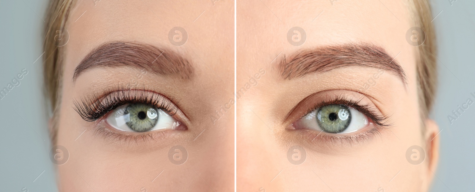 Image of Collage with photos of young woman before and after eyelash extension procedure, closeup. Banner design