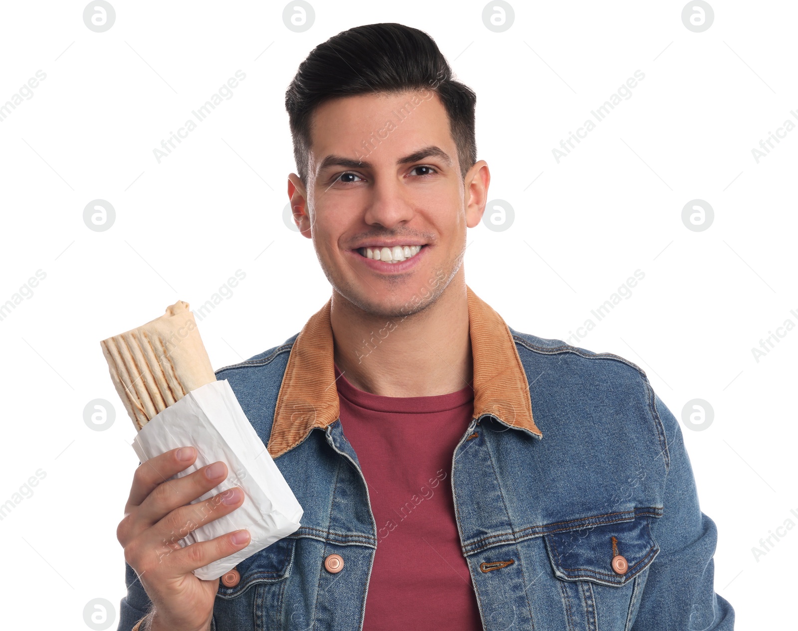 Photo of Man with delicious shawarma on white background